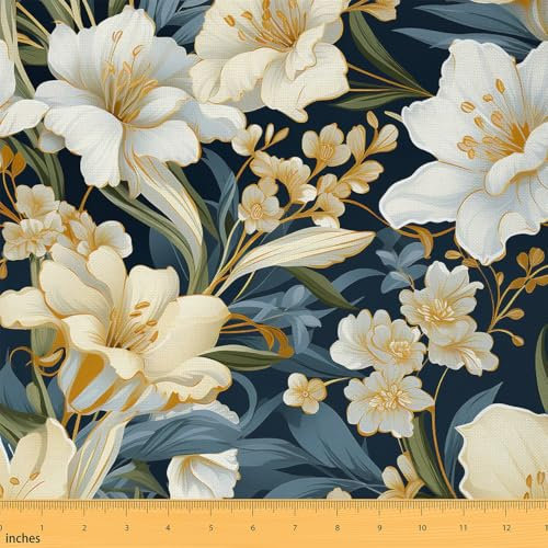 Tissu de Fleur de Lys Tissus Au Metre,Patch D'Artisanat de Feuille de Fleur Tissu de Décor de Maison,Plante Tissu Intérieur et Extérieur,Tissu de Décor de Ferme,Vert Bleu Blanc,92x150 (HxB)