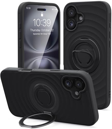 Mowei Compatible with iPhone 16 Plus Case, Magnetic Dual 360° Comfort Ring Grip Holder Stand, Military-Grade Drop Protection with Built in Kickstand, Anti-Slip Edge-Charcoal Black