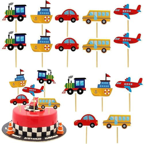 30 Stück Transport Tortendeko Geburtstag,Zug Schiff Auto Bus Flugzeug Kuchen Deko,Kuchenaufsatz,Muffin Geburtstag Deko,Cupcake Topper,Cake Decoration für Junge Mädchen Themen Kindergeburtstag Party