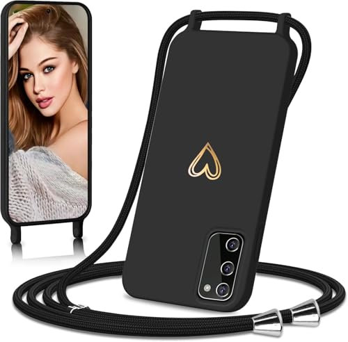 Eherui handyband für Samsung Galaxy S20 FE Hülle mit Band,Design Gold Herz,Dünn Stoßfeste SchutzHülle,mit Abnehmbar Kordel zum Umhängen Liquid Silikon Case Handyhülle für Samsung S20 FE 5G/4G,Schwarz
