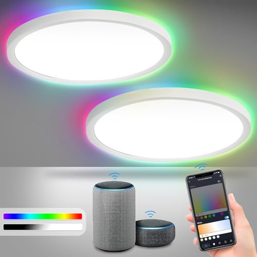 Fiqops 2x 24W 2040LM Deckenleuchte Alexa Lampe Deckenlampe Smart Dimmbar Kompatibel 2700K-6500K, Farbwechsel Flach Schlafzimmer Lampe, IP44 für Kinderzimmer Badezimmer