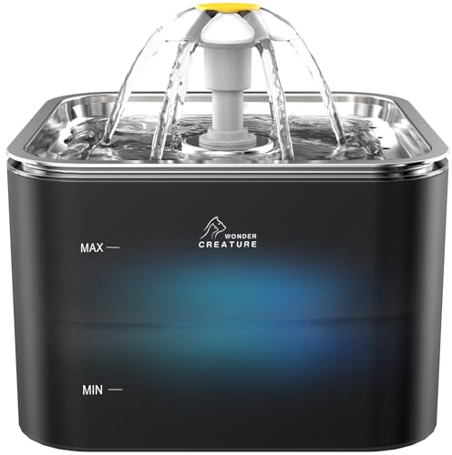 Fontaine d'eau en verre pour chat, couvercle en acier inoxydable, fontaine pour animaux de compagnie de 300 oz/3 l avec lumière LED pour chats et chiens (noir)