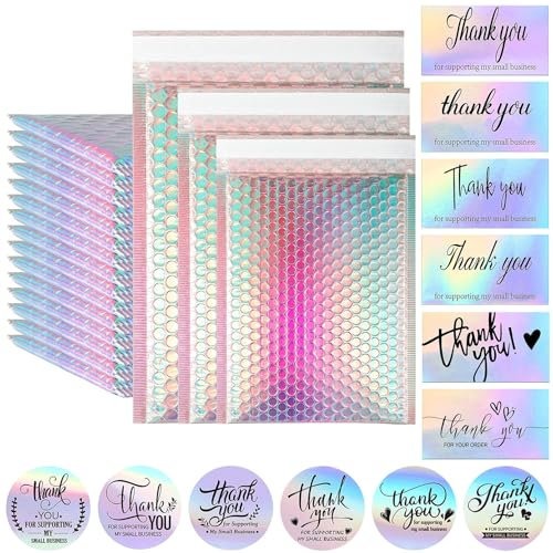 Vabrloy 50 Stück Luftpolsterumschläge Holographisch,mit 50 Dankeskarten,Poly Bubble Mailer,Selbstklebende Versandtaschen mit Luftpolsterfolie,Gepolsterte Umschläge für Verpackung Aufbewahrung,3 Größen