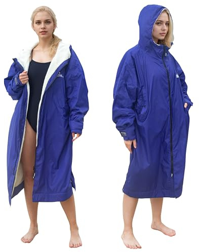 Catalonia Classy Wasserdicht Mantel Lang für Damen Herren, Wasserdichter Gefütterte Regenjacke mit Sherpa-Futter, Surf Poncho Wärmemantel Schwimmen für Triathlon Surfen Outdoor Sport, Marine