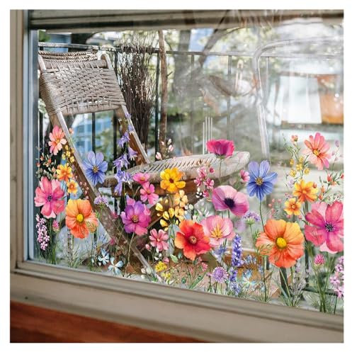 Colorful Floral Bouquet Window Sticker, Wildfloral Window Clings Butterfly Window Decal Double-Sided Watercolor Flower Window Decor for Office Home Glass Decor, Spring Easter Window Stickers