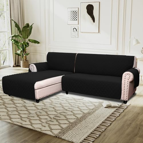 BellaHills Sofa Cover L Shape 2 Piece Couch Cover for Sectional Sofa Non Slip Corner Sofa Cover Water Resistant Chaise Sofa Cover for Dogs (Left Chaise Lounge + 3 Seater, Black)