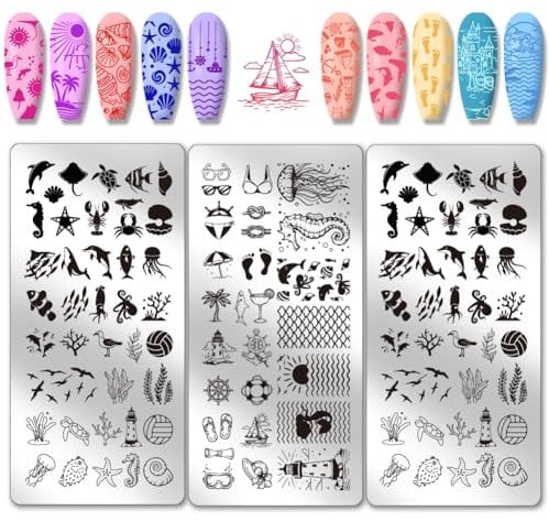 PH PandaHall 3pcs Ocean Life Nail Art Templates, Seaside Marine Nail Stamping Plate Beach Sea Shell Art Stencils Stainless Steel Image Plates for Women Summer Nails Design Print Manicure Salon