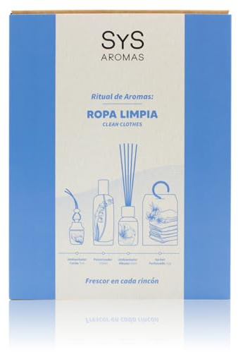 Pack Aroma Ropa Limpia - Ambientadores para el Hogar y Coche - SYS Aromas | Ambientador de Coche, Spray, Mikado y Sachet - Aroma Fresco y Limpio - Relajación, Pureza y Bienestar - Fragancia Duradera
