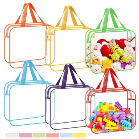 Yocdunm 6 Pack Zipper Toy Storage Bags with Handles 11.8x8.6x3.9 Inch Toy Storage Bags Waterproof PVC Clear Transparent Organizer with sticker for Building Blocks,Books,Puzzle,Cosmetics (6 Colors)