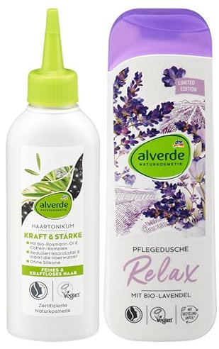 Alverde NATURKOSMETIK 2er-Set Körperpflege: Haartonikum KRAFT & STÄRKE pflegt & stärkt, beruhigt die Kopfhaut, verleiht ihr Feuchtigkeit, 150 ml + Pflegedusche RELAX Duschgel Lavendel, 250 ml (400 ml)