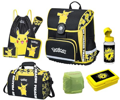 Pokémon Schulranzen Set mit Dose, Flasche und Sporttasche für die 1. Klasse - Ergonomisch, Kompakt, 990 Gr. Leicht, 18 L Volumen, wasserdichter Boden - Schultasche mit Pikachu Motiv - Einschulungs-Set
