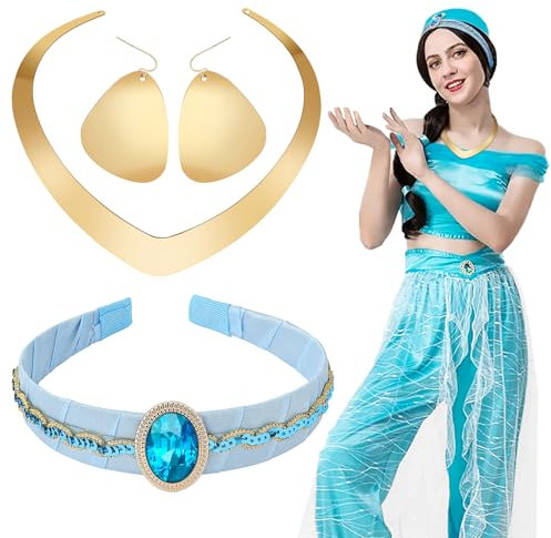 Aomig Accessoires Costume de Princesse Jasmine pour Enfant Adulte, 3 Pièces Coiffe Princesse Arabe, Princesse Arabe Dress up Accessoires pour Déguisement Oriental, Soirée Thème, Carnaval Cosplay