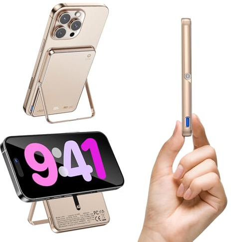 Lito Power Bank ultra sottile magnetico wireless 5000 mAh, 15 W wireless e 20 W USB-C ricarica rapida batteria con cavalletto pieghevole, caricatore portatile compatibile MagSafe per iPhone 16/15/14