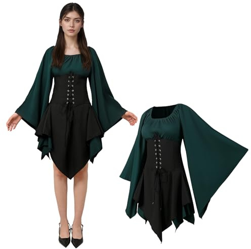 JDFAIJEAL Vestido medieval para mujer con mangas de trompeta, vestido tradicional irlandés para mujer, disfraz de elfo renacentista, vestido gótico para carnaval, disfraz, cosplay, fiesta de Halloween