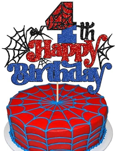 Gyufise 1Pcs Spider Happy 4th Birthday Cake Topper Red Blue Glitter Baby Shower Party Cake Decoration for Spider Themed Birthday Anniversary Party Supplies