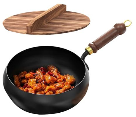 Poêle japonaise en fer anti-adhésif de 24 cm, wok forgé à la main avec couvercle, poignée en bois anti-brûlure, batterie de cuisine polyvalente pour cuisinières et cuisinières à induction