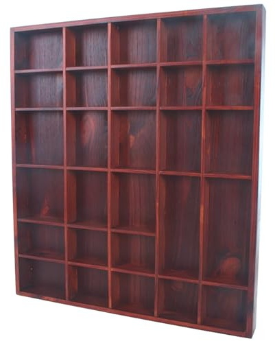 WooDeeDoo Wooden 28 Compartments Display Trinkets Shelf - Hand-Stained - Mahogany - Matt - Wall Shadow Accessories Box Crystals Fossils Minerals Rack Shallow Tray - 45 x 40 x 3.5 cm