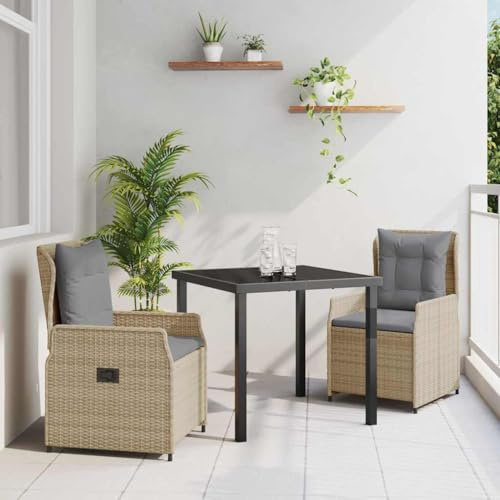 Mandloder Garten Essgruppe 3-teilig Beige Poly-Rattan, Outdoor Möbel Set mit Glastisch, Balkon Gartenmöbel für Terrasse, Langlebig, 2 Sitzplätze