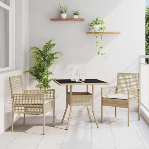 Kaloriko Garten Essgruppe 3-teilig, Beige Poly-Rattan, Outdoor Möbel Set mit Esstisch, 2 Stühlen, Glasplatte, UV-beständig für Balkon, Terrasse