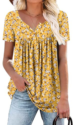 KISSMODA Ladies Pleated Tunic Tops for Women Buttons up Long Sleeve Shirts Floral Print