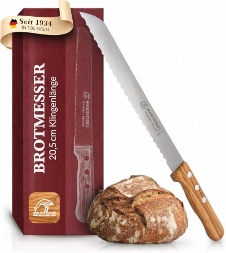Marsvogel Brotmesser 20,5 cm Wellenschliff | Olivenholzgriff – jedes Stück ein Unikat | Rostfreier Chromstahl extra breit | Solinger Handwerk seit 1934 | 8 Zoll Brotschneidemesser Made in Germany