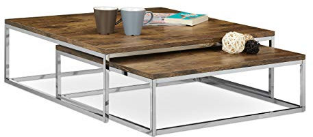 Relaxdays Couchtisch Holz FLAT 2er Set natur HBT 27 x 80 x 80 cm großer Wohnzimmertisch passt ineinander als Satztisch flacher Beistelltisch mit Chrom-Metall für Stube als Sofatisch, dunkel-braun