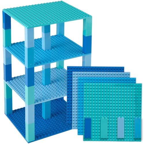 Blue, Turquoise, Robin's Egg, and Sky Blue Stackable Base Plates - 4 Pack 15cm X 15cm Baseplate Tower Bundle with 34 5cmx5cm Stackers- Compatible with LEGO Blocks, Compatible with LEGO Base Plates