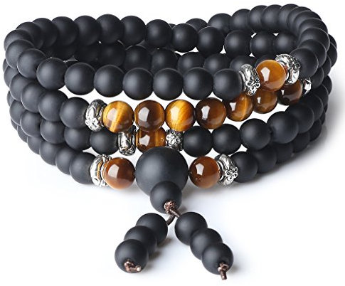 COAI Geschenkideen Unisex 108 Mala aus Mattem Onyx und Tigerauge Wickelarmband Buddhistisches Gebetsarmband Gebetskette