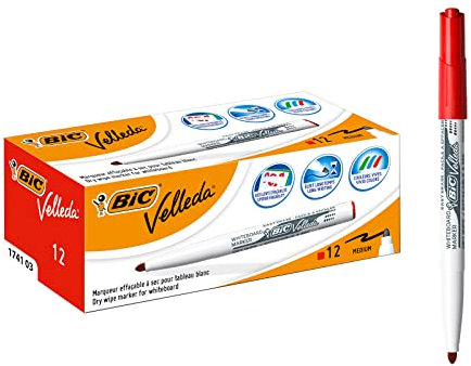 BIC Velleda Whiteboard Marker, 12er Pack, in Rot, mit Rundspitze, Strichstärke: 1,4 mm, geruchsarm, in kompakter Größe