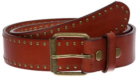 beltiscool Echter Ledergürtel im Vintage-Retro-Stil mit Nieten – austauschbare Schnalle, Hellbraun/Messing, 42
