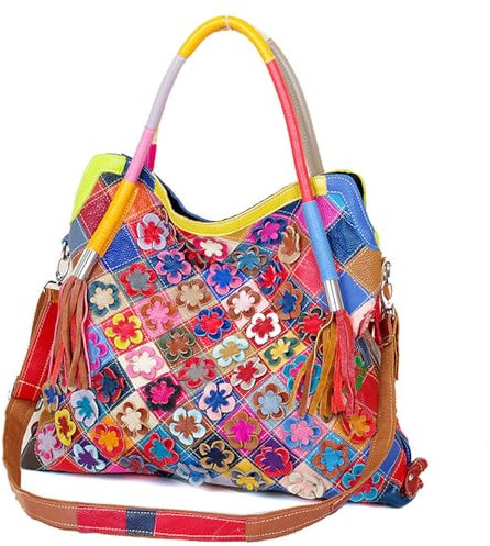 Downupdown Echtes Leder Handtaschen Damen Tote Schultertasche Satchel Handtasche Multicolor Floral Geldbörse Crossbody Tasche Quasten, Mehrfarbig, Einheitsgröße