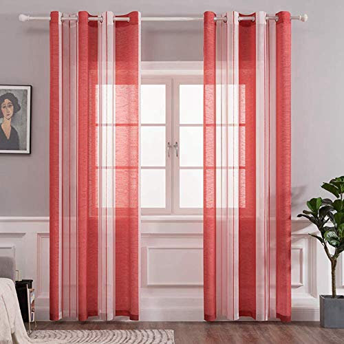 MIULEE Gardinen Gestreift Transparent mit Ösen, Voile Vorhänge Wohnzimmer 2er Set, Vorhang Schlafzimmer Transparent mit Rot Weiss Gestreift Muster, Kurz Vorhang Halbtransparent Streifen 140X145 cm