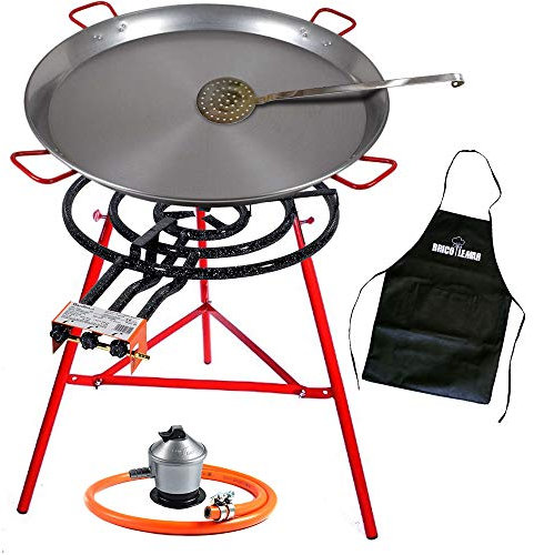 Bricolemar Pack Paellero 70cm con Paellera de 90cm + Regulador y Manguera de Butano Homologada + Soporte Reforzado + Espumadera y Delantal Regalo!