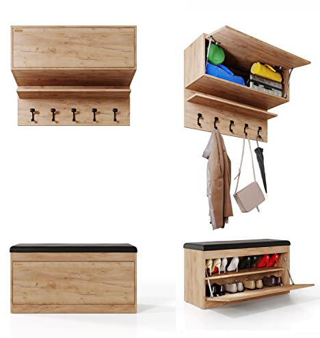 PLATAN ROOM Wand-Garderobe Set mit Garderobenpaneel & Schuhschrank & Hängeschrank 100 cm Flurgarderobe Garderobenset Flur Eiche Holz Weiß (3-TLG. Set, Eiche Gold)