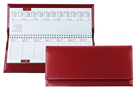 DELMON VARONE - Tischquerkalender 2025 + 2026 Cambridge Top Grain Leder Rot - Tischkalender Quer 1 Woche auf 2 Seiten - Echtleder Wochenplaner Kalender - Büro & Schreibtisch Wochenkalender Organizer