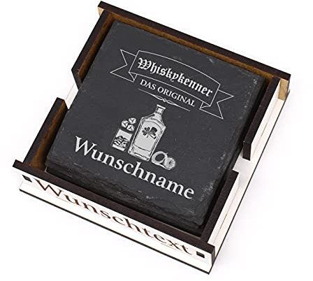 Whisky Untersetzer Schiefer Getränkeuntersetzer 4 Stück mit Namen in Holzbox 11 x 11 cm