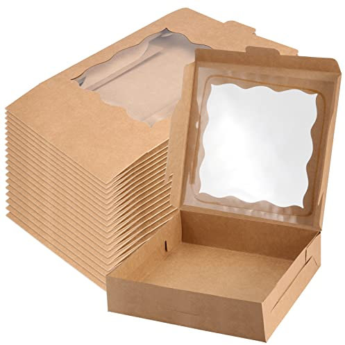 KOHAND 20 Pcs Brown Bakery Boxes with Window, 10x10x2.5 Inch Kraft Cookie Boxes,Treat Box for Display Cookie, Donut, Muffin, Pastry