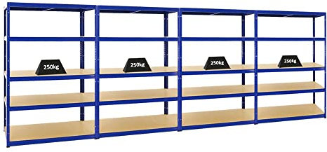 PROREGAL Mega Deal 4er-Set Schwerlastregale Big Elephant 180x120x60cm mit 5 Ebenen Fachlast 250kg Blau