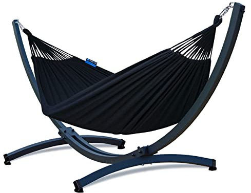 Potenza Outdoor Hängematte mit Tytan Gestell für 2 Personen I Baumwolle Doppelhängematte XXL 220x160, 200kg I Hängemattengestell 350 kg, wetterfest (Schwarz, Basic Gestell Graphit)