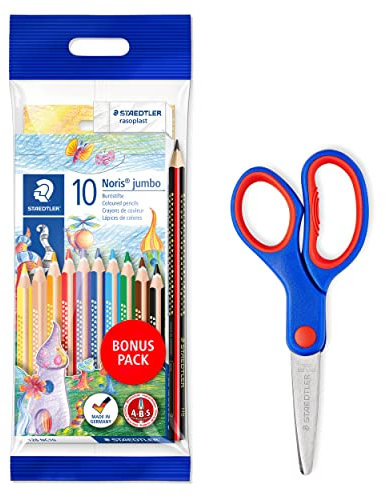 STAEDTLER dicke Buntstifte Noris jumbo, Radiergummi und jumbo Bleistift in Dreikantform und Bastelschere Noris Club mit gerundeten Klingen, 61 SET7P1X