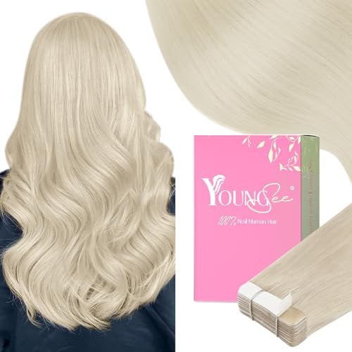 YoungSee Blonde Tape in Hair Extensions Human Hair Platinum Blonde Tape in Human Hair Extensions 18Inch 20pcs 50g Natural Looking Hair