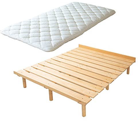 EMOOR Japanische Futon-Matratze CLASSE und Futonbett OSMOS Set 140 x 200 cm, Natur-Braun, 3 Höhen, verstellbar, einfach zu montieren, Japanisches Schlafbett Tatami-Matte Holzlatten-Bett Palettenbett