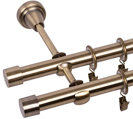 RENA Gardinenstange Vorhangstange 2-läufig - 19 mm - aus Metall - Lautlose Rollen - Komplettset - Antik Gold 140cm |Luna