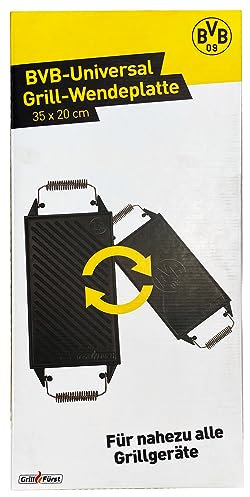 Grillfürst Universal Gusseisenplatte Grill BVB Borussia Dortmund Edition 35 x 20 cm - Massive Gusseisen Grillplatte mit großen Griffen, Gussplatte beidseitig verwendbar, für Gasgrill u. v. m.