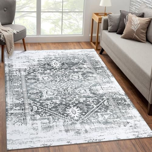 LuxFocus Farbverlaufs Retro Teppich, 120 x 170 cm Rechteckig Grau Orientalisches Schneeflocken-Medaillon im Used-Look Fusselfrei für Wohnzimmer Schlafzimmer Esszimmer Zuhause, Büro