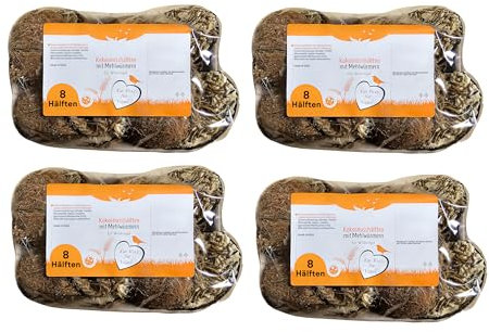 Blumixx Kokosnusshälften mit Mehlwürmern – Vogelfutter, Wildvogelfutter Ganzjahresfutter, Proteinreich, Einfach Aufhängen, Eichhörnchen Futter, 32 Stück