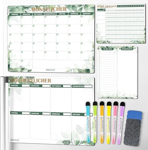 BIROYAL Magnetischer Wochenplaner 4 Stk, Haushaltsplan Magnetisch inkl. Wochenplaner To-do Tafel Habit Tracker, Monatsplaner Abwischbar (Grüne Blätter)