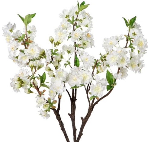 Briful 3PCS Kunstblumen Wie Echt Frühlingsblumen Dekoblume Weiße Pfirsichblüte Künstliche Zweige 46CM Kurze Stiele für Blumengesteck Home Dekoration