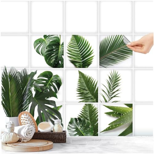 FoLIESEN Fliesenaufkleber für Bad, Küche, Badezimmer - Fliesen-Folie selbstklebend - Deko-Aufkleber - Tropische Blätter, .:20x20 cm - 9-tlg.