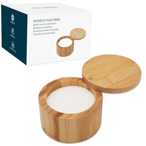 KITCHENDAO Bambus-Salzkeller-Schüsselbox, eleganter Küchen-Salzbehälterhalter mit drehbarem Magnetdeckel zur Aufbewahrung von Pfeffer, Gewürzen, Badesalz, Meersalz, Kräutern oder Lieblingsgewürzen,
